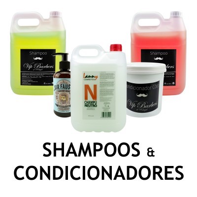 Embalagens de shampoos e condicionadores variados, incluindo frascos e pote, com etiquetas visíveis em fundo branco.