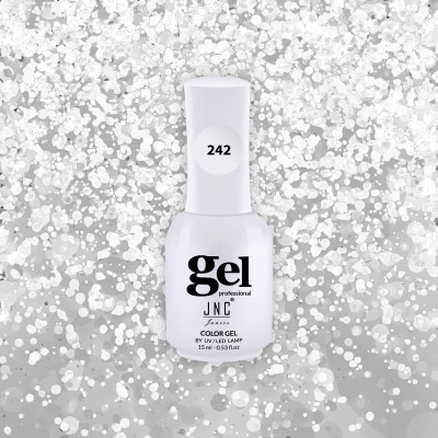 Frasco branco de verniz gel JNC Professional número 242 sobre fundo prateado brilhante