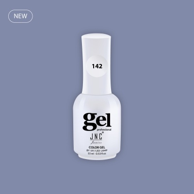 Verniz gel branco com texto preto e número 142 na tampa