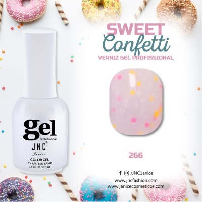 Verniz gel profissional JNC Sweet Confetti cor 266 com confetes coloridos numa unha, rodeado de donuts coloridos