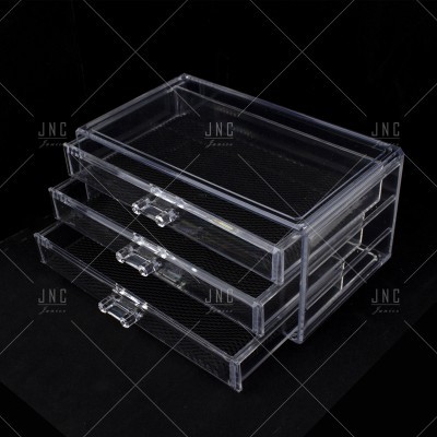 Organizador de maquilhagem transparente com três gavetas em acrílico