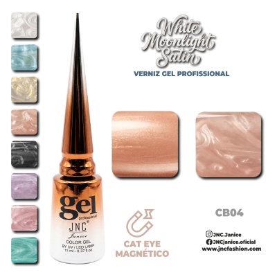 Verniz gel profissional JNC Janice em frasco metálico cobre com amostras de cores e texto CAT EYE MAGNÉTICO, CB04
