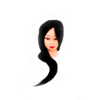 Cabeça de manequim para treino de cabeleireiro com cabelo preto e rosto feminino