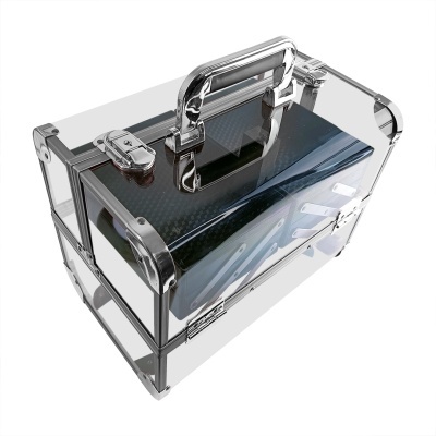 Estojo organizador transparente com alça e detalhes em metal cromado