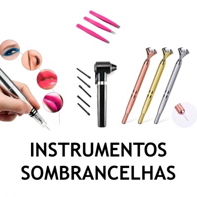 Instrumentos metálicos para sobrancelhas com pinças e pontas, mais o texto 'INSTRUMENTOS SOMBRANCELHAS'