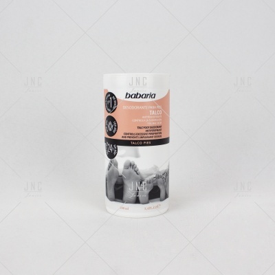 Desodorizante para pés Babaria em embalagem branca com rótulo bege e preto
