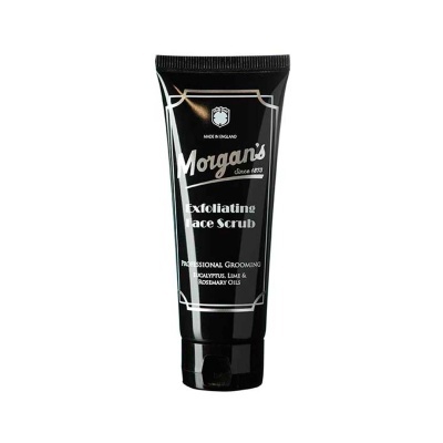 Frasco preto Morgan's exfoliating face scrub com texto branco