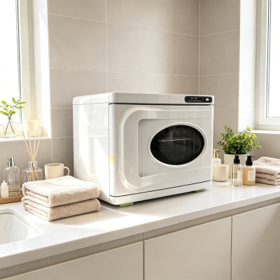 Máquina de secar roupa compacta branca com porta oval de vidro numa bancada branca de casa de banho