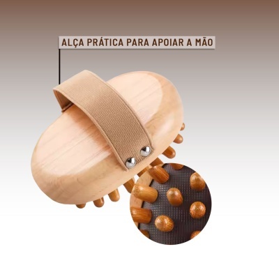 Escova de madeira com alça para apoiar a mão e pinos para massagem