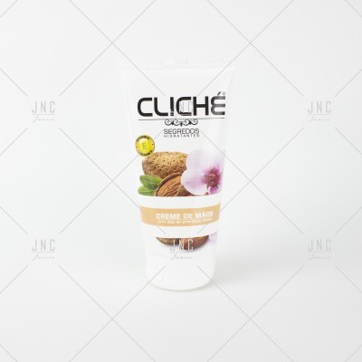 Creme de mãos Cliché em tubo branco com imagem de amêndoas e flor rosa