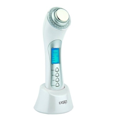 Dispositivo de beleza branco com visor azul e botões em base de carregamento