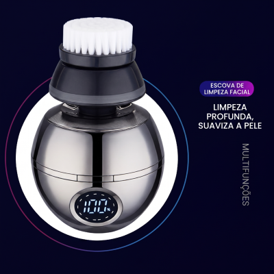 Escova de limpeza facial preta com cerdas brancas e visor digital