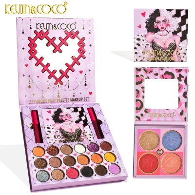 Kit maquilhagem KEVIN&COCO com sombras, batons líquidos e iluminadores em embalagens rosa com ilustração.