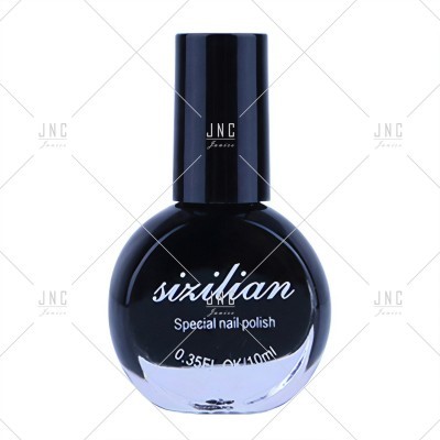 Esmalte de unhas preto em frasco redondo com tampa preta e texto branco.