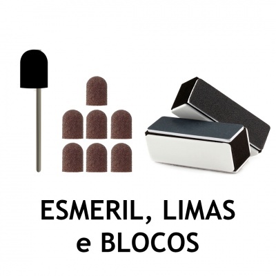 Esmaril, limas e blocos para manicure com texto em português