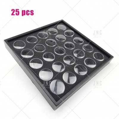 Caixa com 25 compartimentos circulares transparentes e texto '25 PCS'