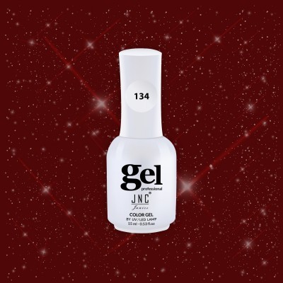 Frasco branco de verniz gel para unhas com texto preto e número 134