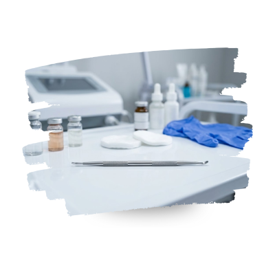 Instrumento de remoção dentária em mesa clínica branca com frascos e luvas azuis