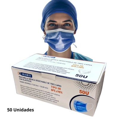 Caixa de máscaras médicas azuis descartáveis com 50 unidades e modelo com máscara azul.