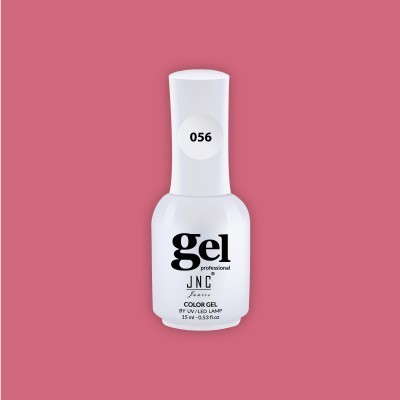 Frasco branco de verniz gel profissional JNC com código 056 e texto em fundo rosa