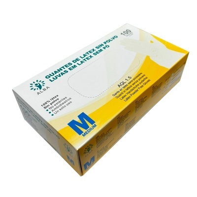 Caixa amarela e branca de luvas de látex sem pó tamanho M ALBA