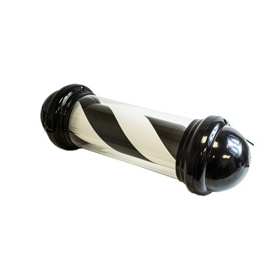 Recipiente cilíndrico transparente com tampas pretas e espiral preta e branca dentro