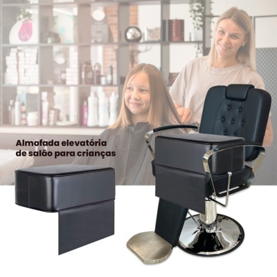 cadeira de salão de beleza preta com almofada elevatória preta para crianças