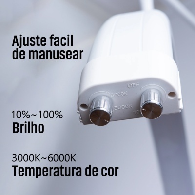 Painel de controlo branco com dois botões metálicos para ajustar brilho e temperatura de cor