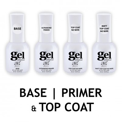 Quatro frascos brancos de verniz gel para unhas JNC professional com etiquetas BASE, ULTRABOND PRIMER, TOP COAT NO WIPE e MATT TOP COAT NO WIPE