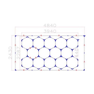 Padrão hexagonal azul com dimensões técnicas