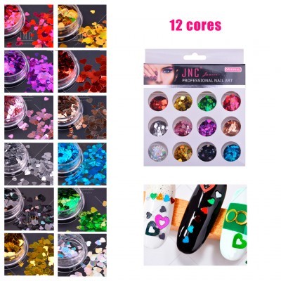 Conjunto de 12 cores de nail art com pequenos confetes em forma de coração em frascos transparentes