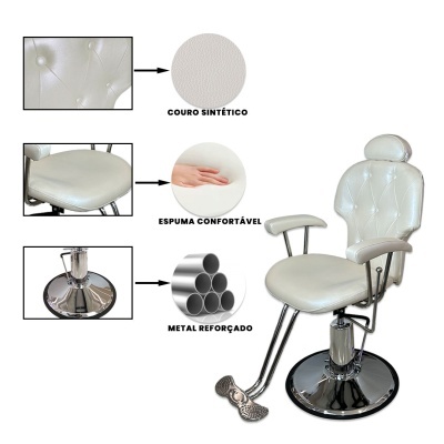 Cadeira de estética branca com estrutura metálica cromada e apoio para cabeça