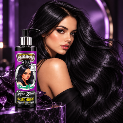 Frasco roxo de máscara capilar 3D ao lado de mulher com cabelo negro longo e brilhante, em fundo roxo.