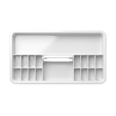 Organizador de gaveta branco com compartimentos retangulares.