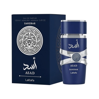 Frasco azul de perfume Asad Zanzibar da Lattafa com caixa azul com design e texto