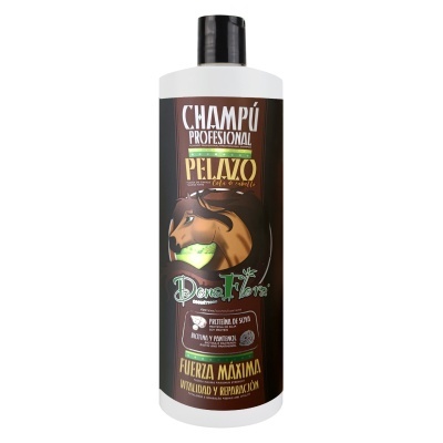 Frasco de champô profissional para cães Pelazo com rótulo preto e vermelho.