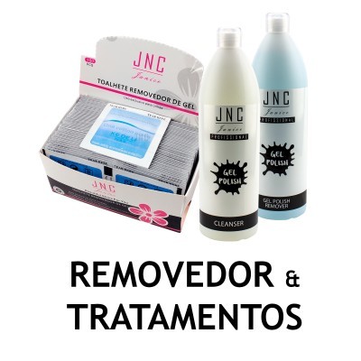 Produtos de removedor e tratamentos para gel polish da JNC com toalhetes e garrafas na embalagem