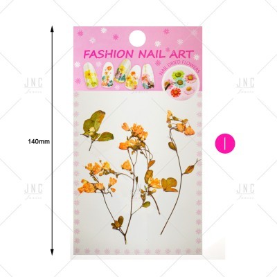 Pacote de arte para unhas com flores secas amarelas e verdes e embalagem rosa com texto