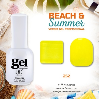 Frasco de verniz gel profissional JNC e amostras amarelas destaque para verão e praia
