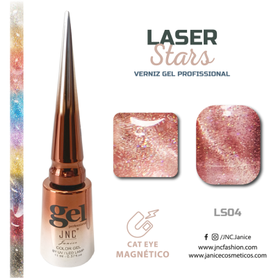Frasco de gel para unhas cor rosa cintilante Laser Stars com texto e amostras de cor.