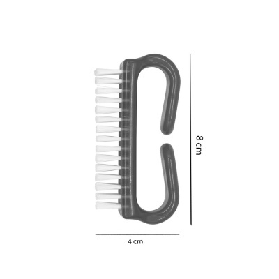 Escova pequena cinzenta com cerdas brancas e formato de gancho