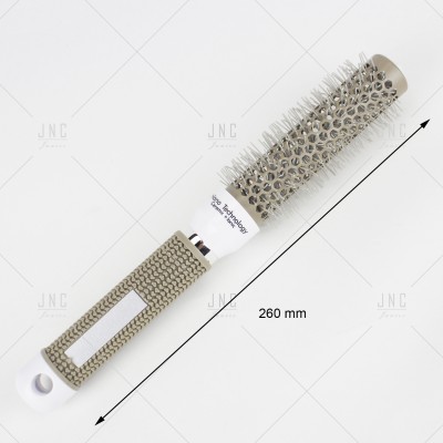 Escova redonda metálica para cabelo com cabo cinzento texturizado e 260 mm de comprimento