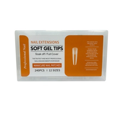 Caixa transparente com unhas postiças de gel macio para extensão, 240 peças, 12 tamanhos, embalagem com texto em inglês e detalhes laranja.