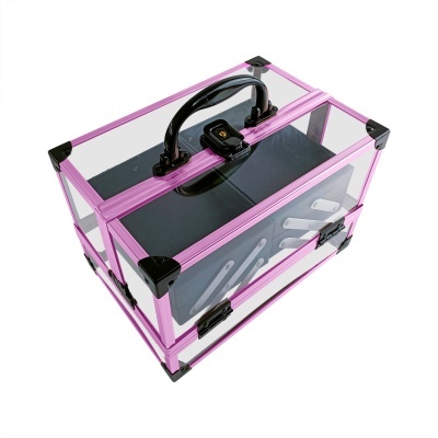 Estojo acrílico transparente com estrutura rosa e pega preta