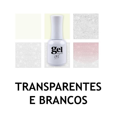 Verniz gel branco com amostras de cores e texto em português