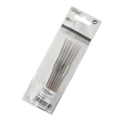 Conjunto de cinco pinças de metal em embalagem blister com cartão branco e texto EUROsic