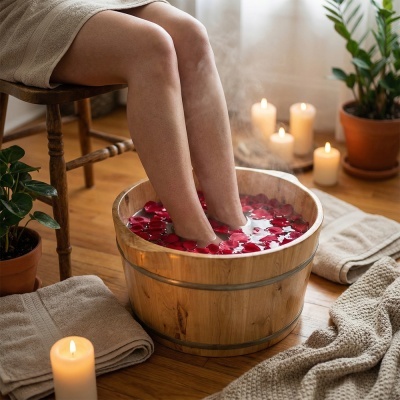 Pés numa bacia de madeira com água e pétalas, velas acesas e ambiente acolhedor