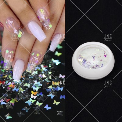 Pó decorativo de borboletas holográficas para unhas em embalagem branca com unhas postiças decoradas