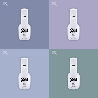 Quatro frascos brancos de verniz gel de unhas com números 142, 143, 049, 044 sobre fundos coloridos pastel.