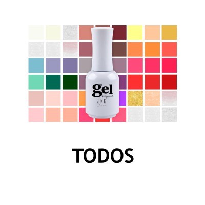 Frasco branco de verniz gel com padrão colorido de quadrados e texto 'TODOS'